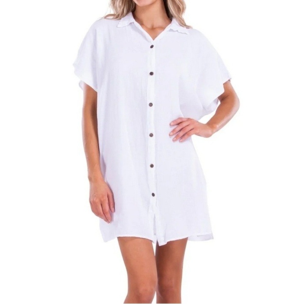 Seaspice Annmarie Gauze Mini‎ Dress Cover Up Sz S White Button Front Shirtdress